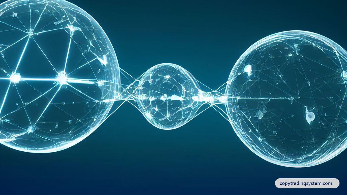 Copy trading vs social trading: glowing spheres linked in a network