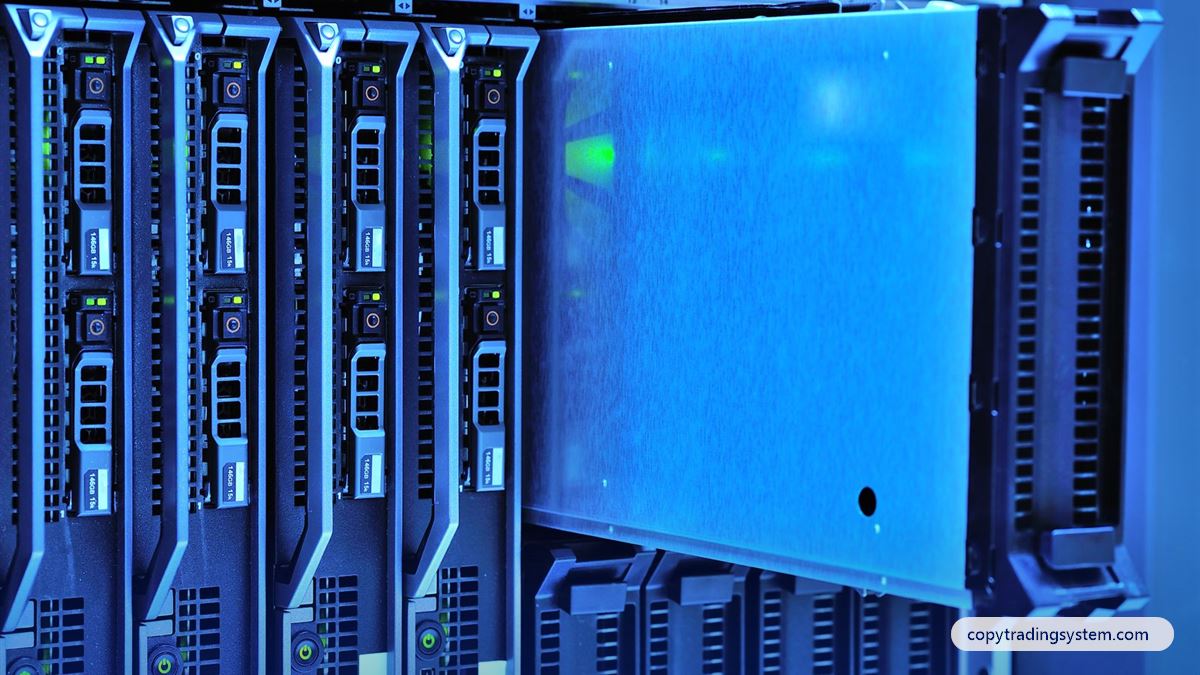 Forex VPS for copy trading: server racks with glowing lights in a data centre