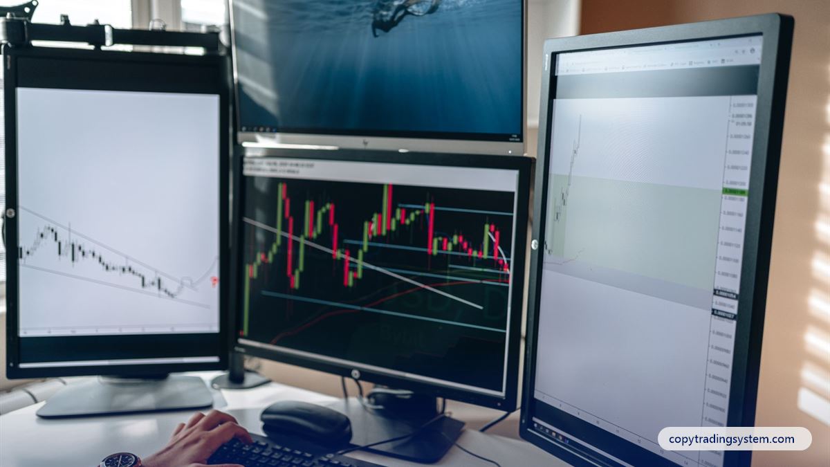 MT5 brokers for copy trading: a keyboard in front of monitors showing trading charts